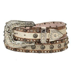 ANGEL RANCH Ivory Hair On Cowhide Rhinestone Studded Belt XL